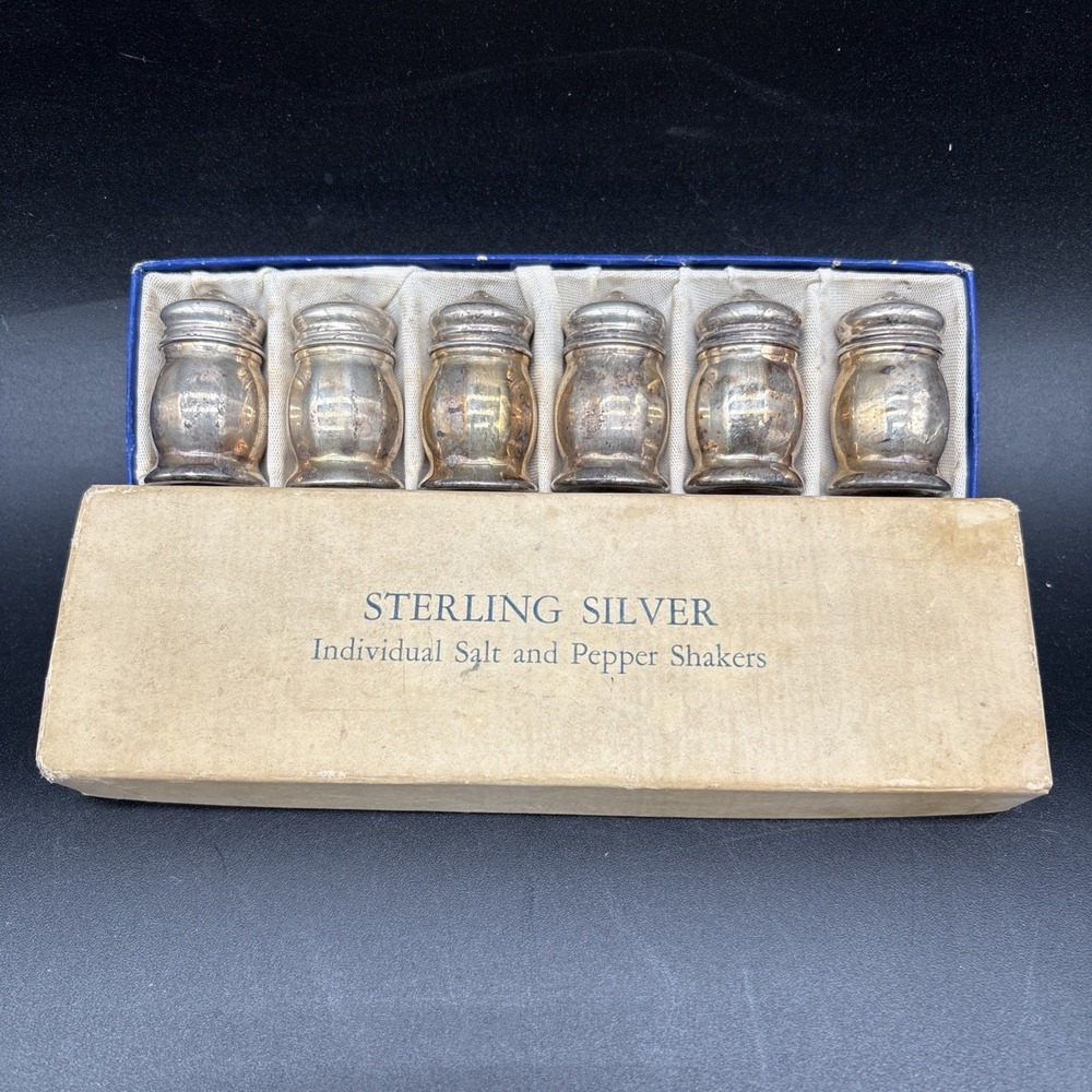 Sterling Silver 925 Set of 6 Individual Salt Pepper Shakers Vintage in Box 56 g